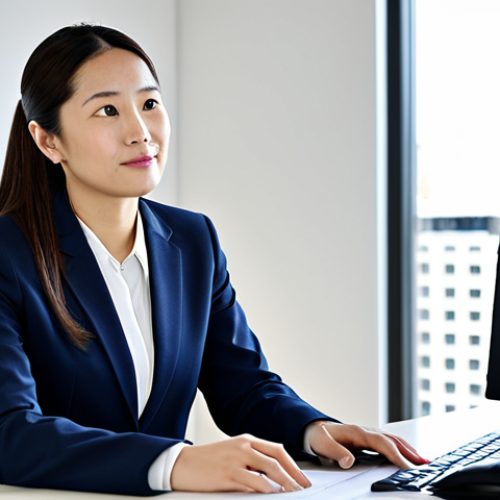 A professional female social insurance labor consultant (公認労務士) in her late 30s, wearing a modest, tailored business suit. She is seated at a modern, clean desk, attentively listening to a client with a compassionate and understanding expression. Her pose is natural and engaged, showing well-formed hands. The background is a bright, professional office with a softly blurred view, illuminated by natural light. High-resolution, realistic, professional photography, perfect anatomy, correct proportions, natural body proportions. Fully clothed, modest clothing, appropriate attire, professional dress, safe for work, appropriate content, professional.