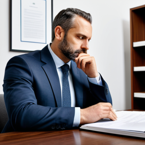 A thoughtful professional labor law consultant, an adult male, dressed in a modest business suit, sitting at a polished wooden desk in a modern law office. He is meticulously analyzing a stack of legal documents and an open laptop, reflecting on complex legal precedents and their underlying intent. The office environment is sophisticated and well-lit, with bookshelves filled with legal tomes in the background. The pose is natural and contemplative. fully clothed, appropriate attire, professional dress, safe for work, appropriate content, perfect anatomy, correct proportions, natural body proportions, well-formed hands, proper finger count, professional photography, high resolution.