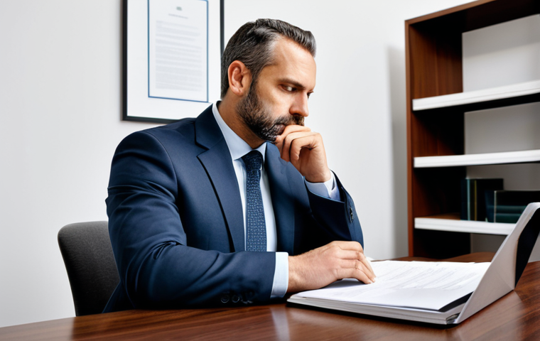 A thoughtful professional labor law consultant, an adult male, dressed in a modest business suit, sitting at a polished wooden desk in a modern law office. He is meticulously analyzing a stack of legal documents and an open laptop, reflecting on complex legal precedents and their underlying intent. The office environment is sophisticated and well-lit, with bookshelves filled with legal tomes in the background. The pose is natural and contemplative. fully clothed, appropriate attire, professional dress, safe for work, appropriate content, perfect anatomy, correct proportions, natural body proportions, well-formed hands, proper finger count, professional photography, high resolution.