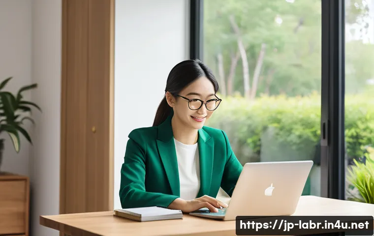 노동법 사례와 실제 판결 - **A modern Japanese professional, in their late 30s, working diligently on a sleek laptop in a brigh...