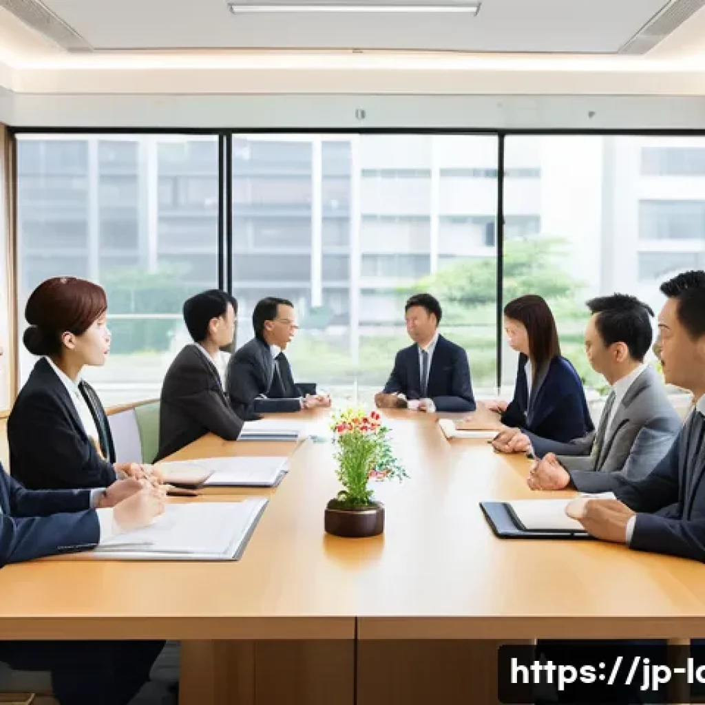 노무사로서의 법률 자문 사례 - A modern Japanese office scene showing a diverse group of employees and managers engaged in a formal...