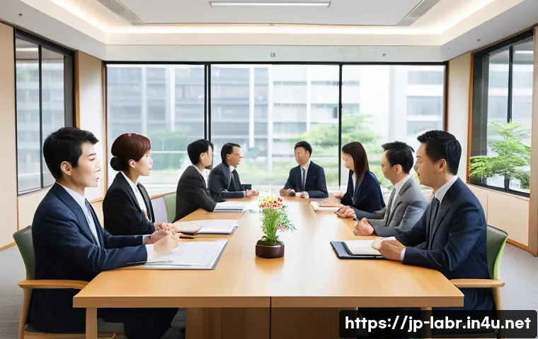 노무사로서의 법률 자문 사례 - A modern Japanese office scene showing a diverse group of employees and managers engaged in a formal...