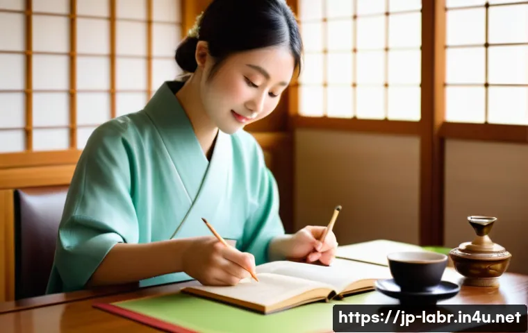 노동법을 공부하기 위한 추천 서적 - A cozy, modern Japanese study room with a young Japanese adult reading a labor law book titled "やさしい...