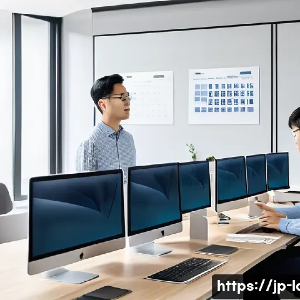 노동법 변화와 시험 출제 예상 - A modern Japanese office scene depicting a diverse group of employees working flexibly with telework...