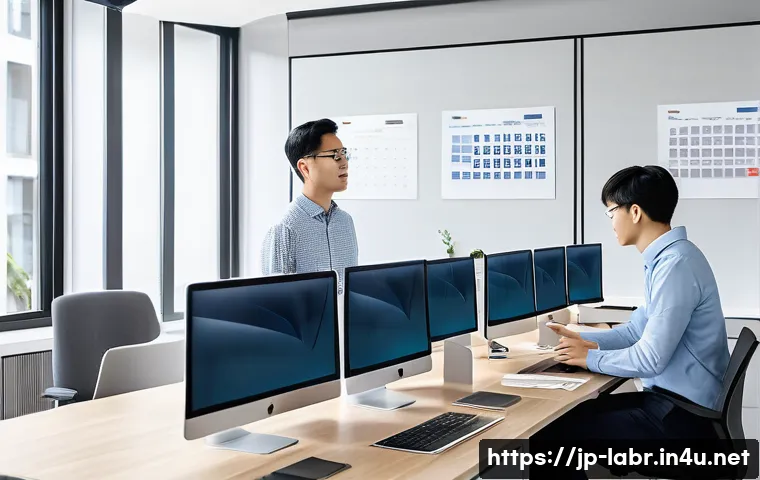 노동법 변화와 시험 출제 예상 - A modern Japanese office scene depicting a diverse group of employees working flexibly with telework...