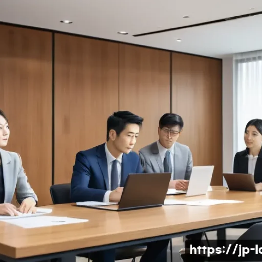노동법 시험에 자주 나오는 문제 - A professional Japanese office scene showing a diverse group of business people in a modern meeting ...