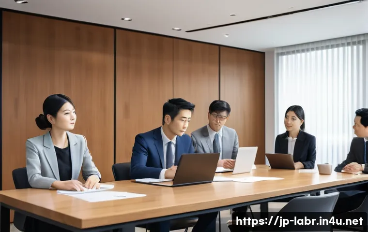 노동법 시험에 자주 나오는 문제 - A professional Japanese office scene showing a diverse group of business people in a modern meeting ...