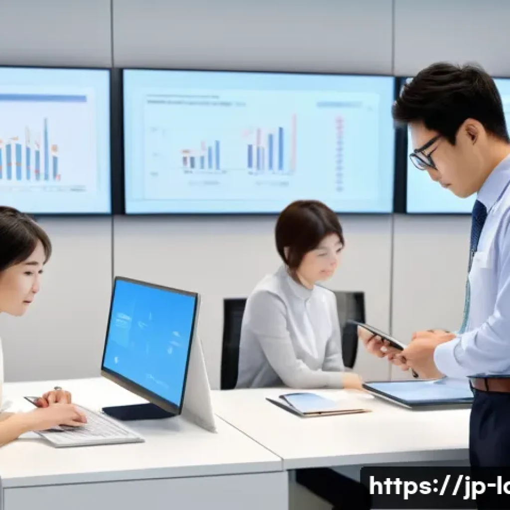 공인노무사와 관련된 산업 동향 - A modern Japanese office scene featuring diverse professionals engaged in labor management tasks, in...
