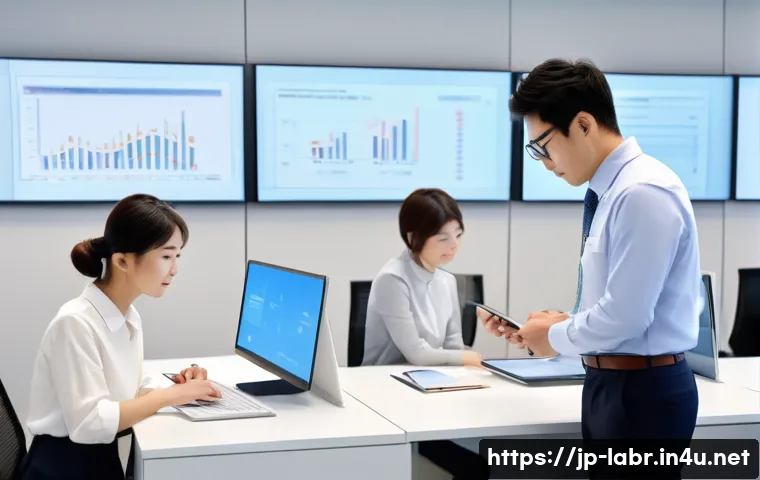 공인노무사와 관련된 산업 동향 - A modern Japanese office scene featuring diverse professionals engaged in labor management tasks, in...