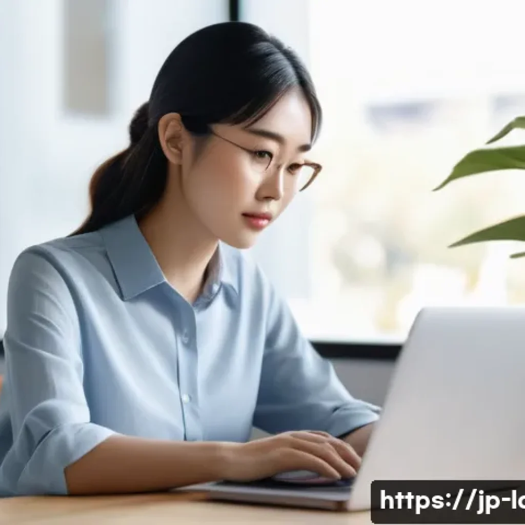 노동법 최신 동향과 분석 - A modern Japanese home office setting featuring a young professional woman working remotely on a sle...