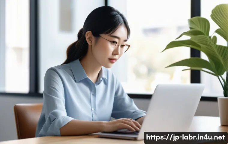 노동법 최신 동향과 분석 - A modern Japanese home office setting featuring a young professional woman working remotely on a sle...