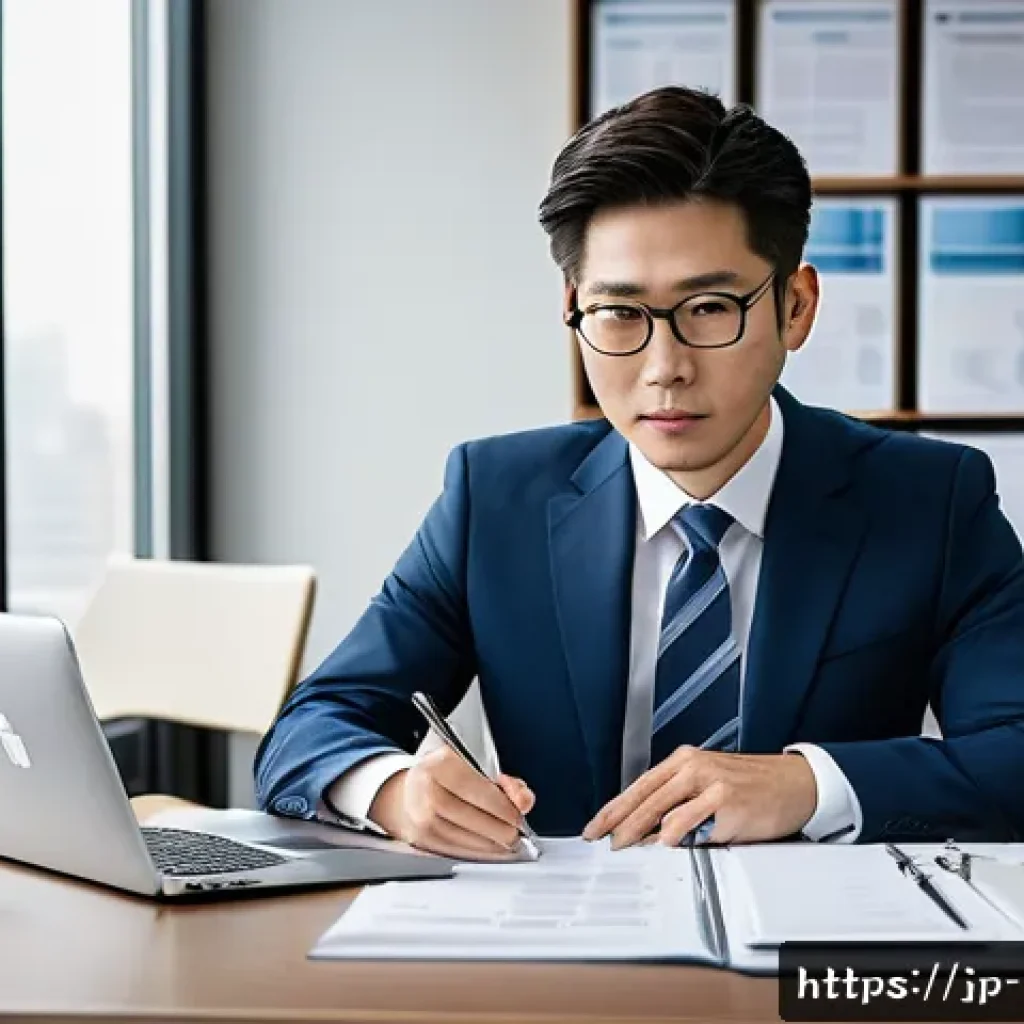 공인노무사 커뮤니티 활용법 - A modern Japanese office scene featuring a certified labor consultant in business attire, sitting at...