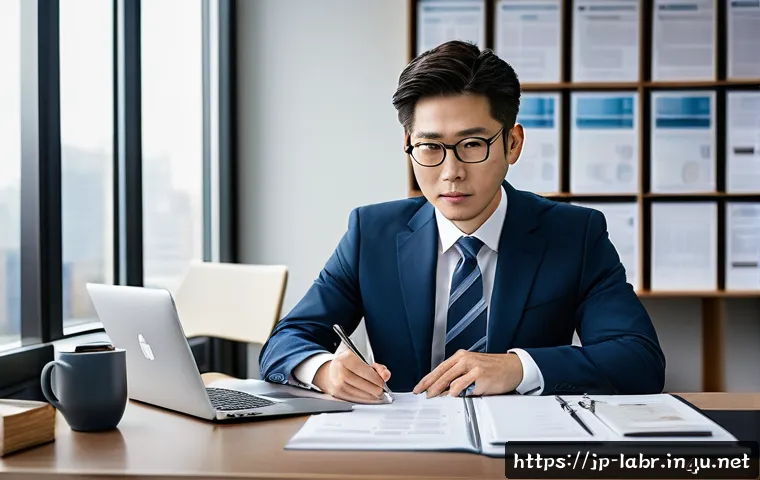 공인노무사 커뮤니티 활용법 - A modern Japanese office scene featuring a certified labor consultant in business attire, sitting at...