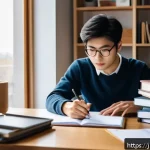 노무사 2차 실무 시험 준비 - A focused Japanese professional studying efficiently at a modern home desk, surrounded by neatly org...