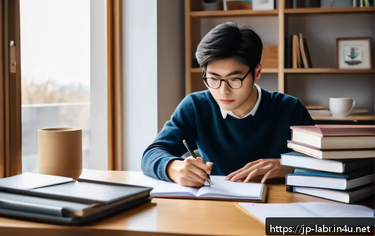 노무사 2차 실무 시험 준비 - A focused Japanese professional studying efficiently at a modern home desk, surrounded by neatly org...