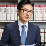 공인노무사와 인사관리 차이점 - A professional Japanese labor consultant (roumu-shi) in a formal office setting, wearing a neat busi...