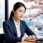 노무사와 연봉 협상 시뮬레이션 - A modern Japanese office scene showing a confident young professional woman in smart business attire...