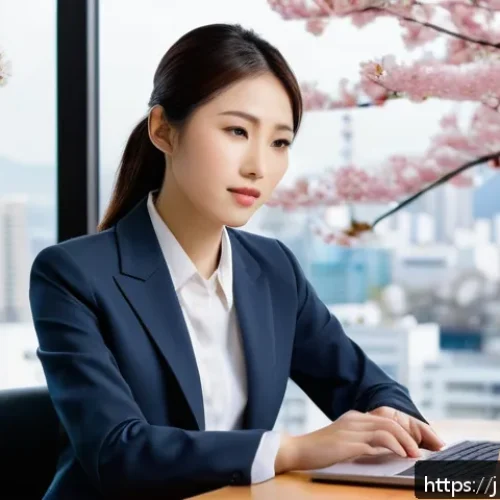 노무사와 연봉 협상 시뮬레이션 - A modern Japanese office scene showing a confident young professional woman in smart business attire...
