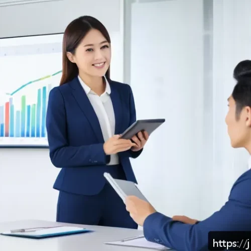 직장인 연봉 협상 방법 - A modern Japanese office scene showing a professional young woman in business attire presenting clea...