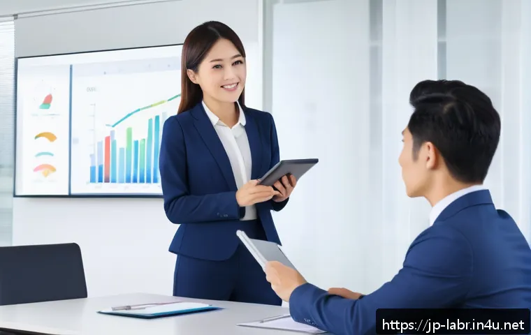 직장인 연봉 협상 방법 - A modern Japanese office scene showing a professional young woman in business attire presenting clea...