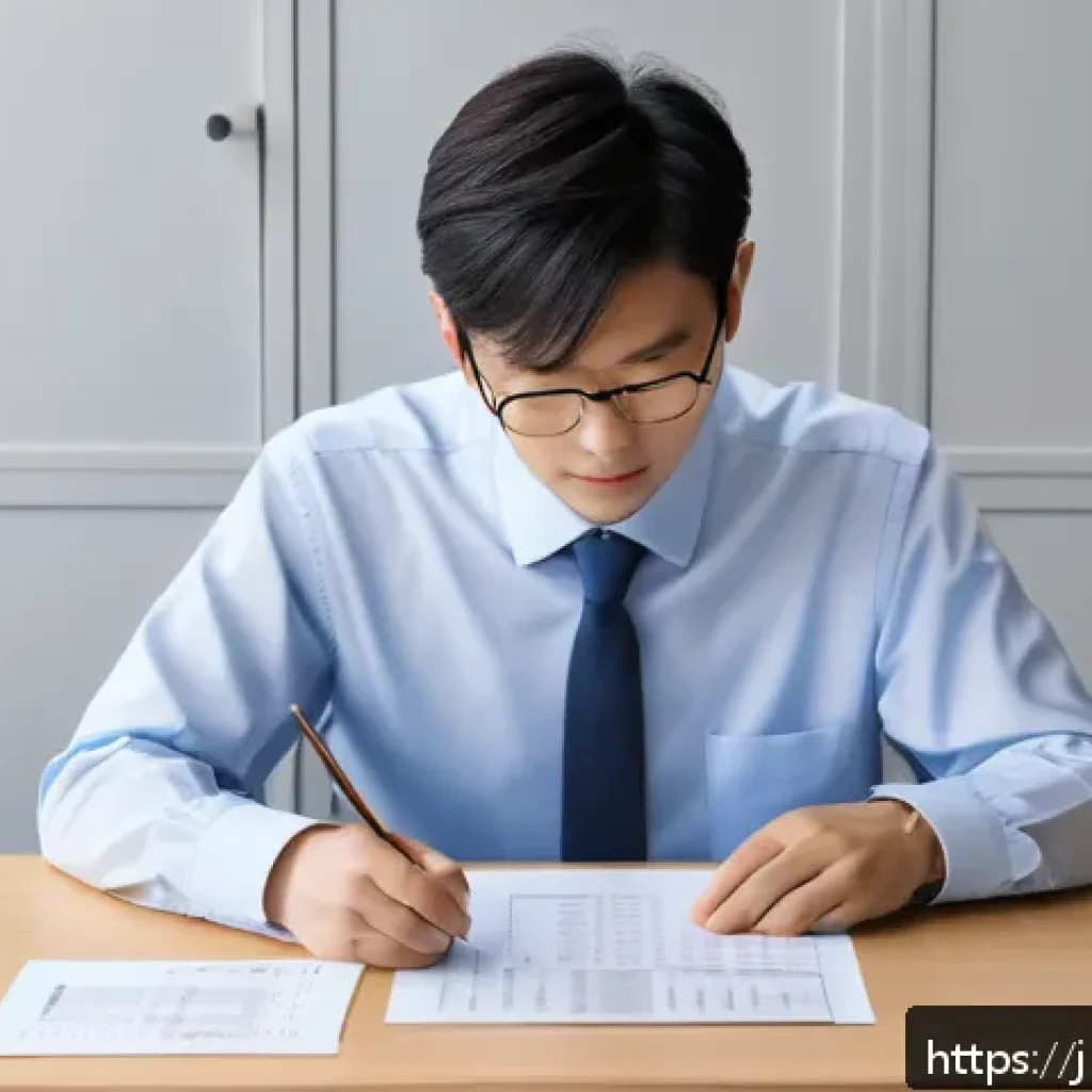근로계약서 검토 시 유의사항 - A modern Japanese office scene showing a professional young Japanese employee carefully reviewing a ...