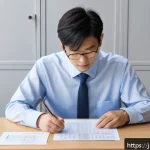 근로계약서 검토 시 유의사항 - A modern Japanese office scene showing a professional young Japanese employee carefully reviewing a ...
