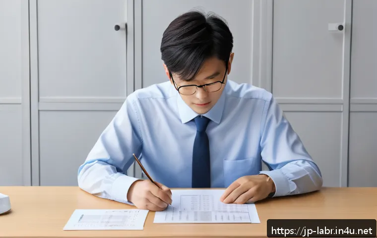 근로계약서 검토 시 유의사항 - A modern Japanese office scene showing a professional young Japanese employee carefully reviewing a ...