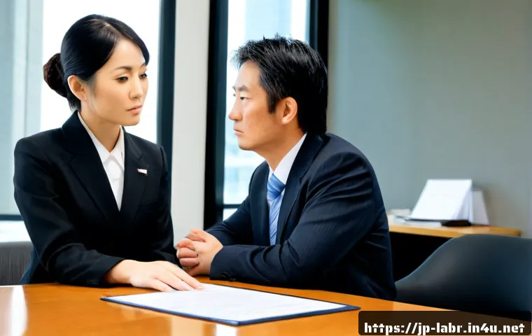 노무사로서의 법적 분쟁 해결 사례 - Photorealistic Japanese labor consultant mediating an employment dispute in a calm modern office, tw...