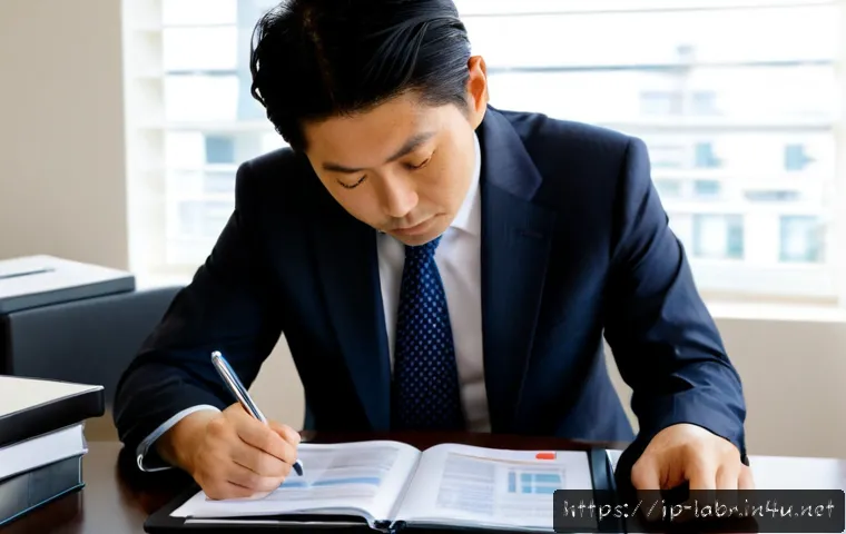 노무사로서의 전문성 강화 팁 - Photorealistic Japanese labor and social security attorney in a tailored business suit reviewing org...