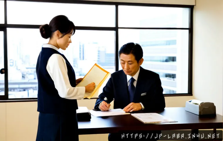노동법 관련 자주 묻는 질문 - Photorealistic Japanese workplace consultation scene, a middle-aged Japanese employee and a professi...